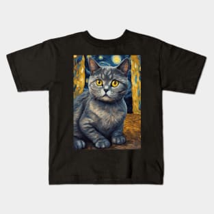 British Shorthair Cat Breed Portrait Painting in a Van Gogh Starry Night Art Style Kids T-Shirt